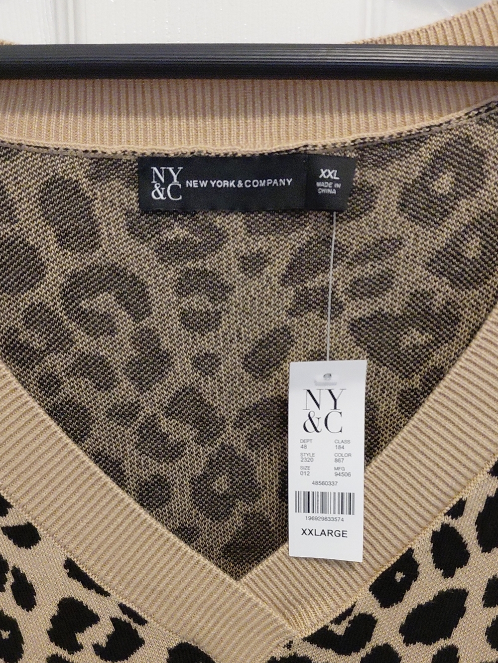 New York & Company Beige and Black Leopard V-Neck Sweater Top